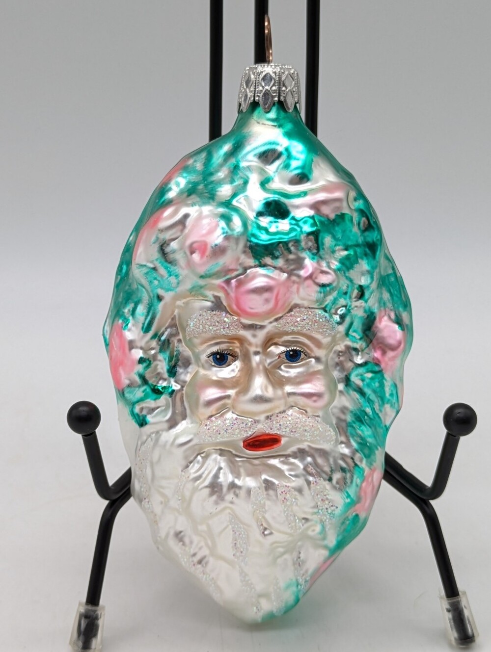Vintage Pink Green Hand Blown Glass Santa Claus Christmas Holiday Ornament